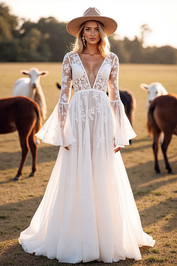 White A Line V Neck Western Wedding Dress with Lace